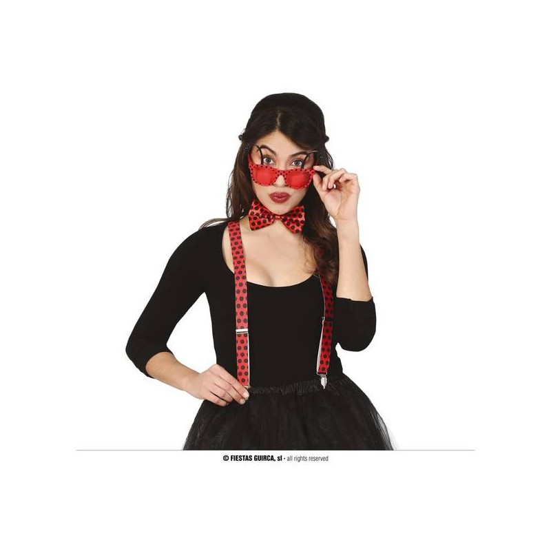 SET COCCINELLA OCCHIALI, PAPILLON E BRETELLE ROSSO POIS NERI