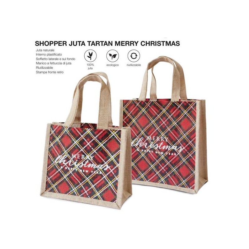 BORSA JUTA CON SOFFIETTO TARTAN MERRY CHRISTMAS 30+14x30cm