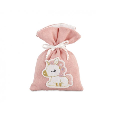 SACCHETTO ROSA UNICORNO RICAMATO 10x14cm 12pz