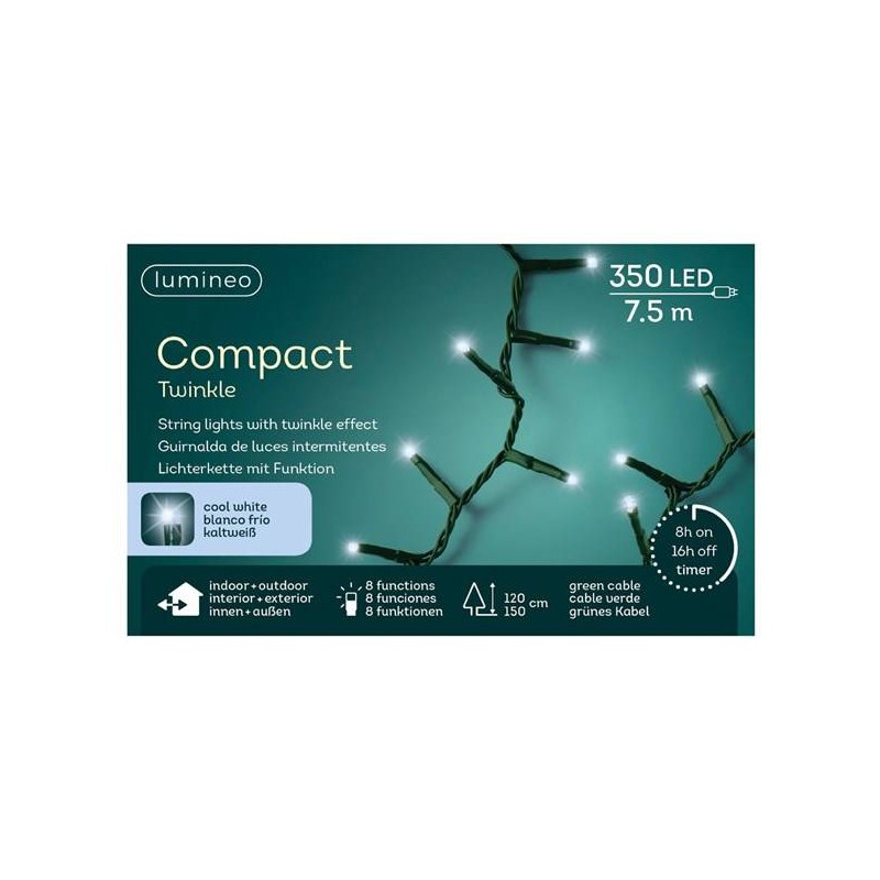 LED COMPACT 350 LUCI BIANCO FREDDO 7,5mt INTERMITTENTI FILO VERDE DA ESTERNO