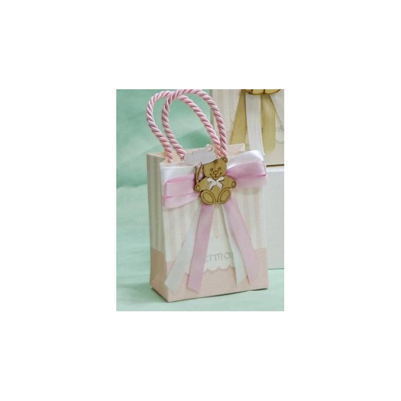 SACCHETTO BORSETTA ROSA C/MANICO E APPLICAZIONE ORSETTO 7,5xH10cm