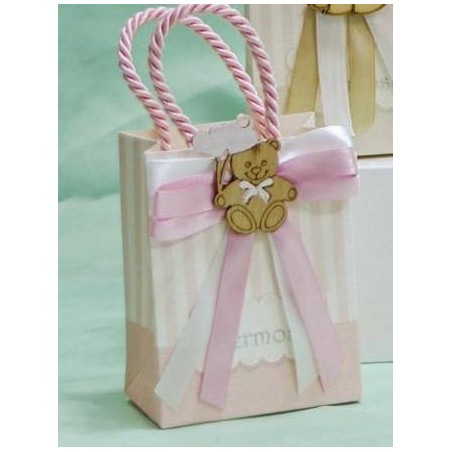 SACCHETTO BORSETTA ROSA C/MANICO E APPLICAZIONE ORSETTO 7,5xH10cm