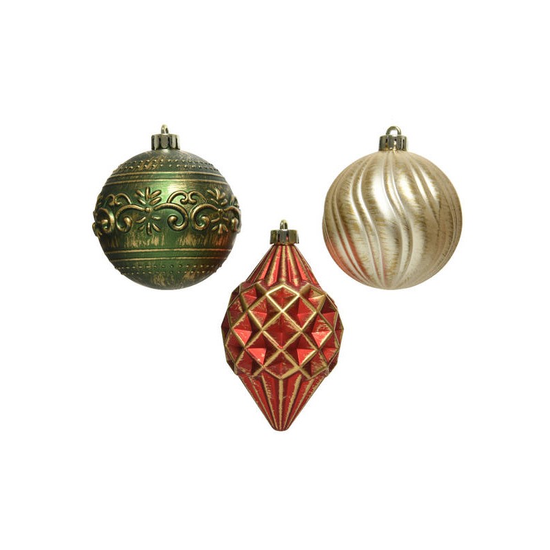 SET PALLINE INFRANGIBILI ø8cm COL. ROSSO-VERDE-ORO ANTICO 9pz