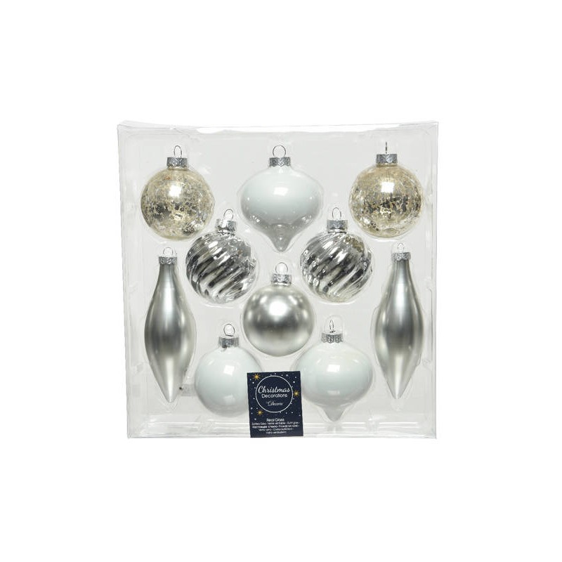 BOX PALLINE VETRO ASS.TE MIX ø6cm BIANCO-ARG 10pz