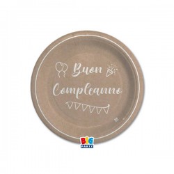 PIATTI CARTA DESSERT ø18cm BUON COMPLEANNO KRAFT 8pz