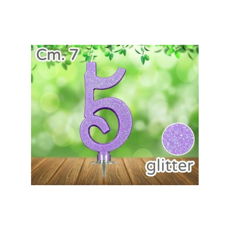 CANDELINA NUMERO 5 LILLA GLITTER 7cm