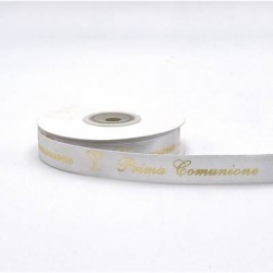 NASTRO DOPPIO RASO SCRITTA ORO PRIMA COMUNIONE mm15x25mt