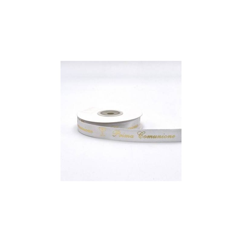 NASTRO DOPPIO RASO SCRITTA ORO PRIMA COMUNIONE mm15x25mt