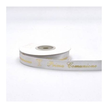 NASTRO DOPPIO RASO SCRITTA ORO PRIMA COMUNIONE mm15x25mt