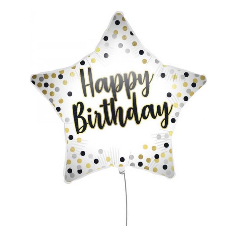PALLONE MYLAR STELLA 45cm HAPPY BIRTHDAY BIANCO-ORO