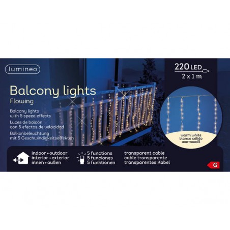 LUCE PER BALCONE 220 LED 2x1mt - BIANCO CALDO - FILO TRASP- 5 FUNZ.