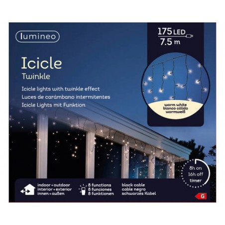 TENDA LUCE GHIACCIOLI 175 LED 7,5mt - FILO NERO - BIANCO CALDO - INT/EST 8 FUNZ.
