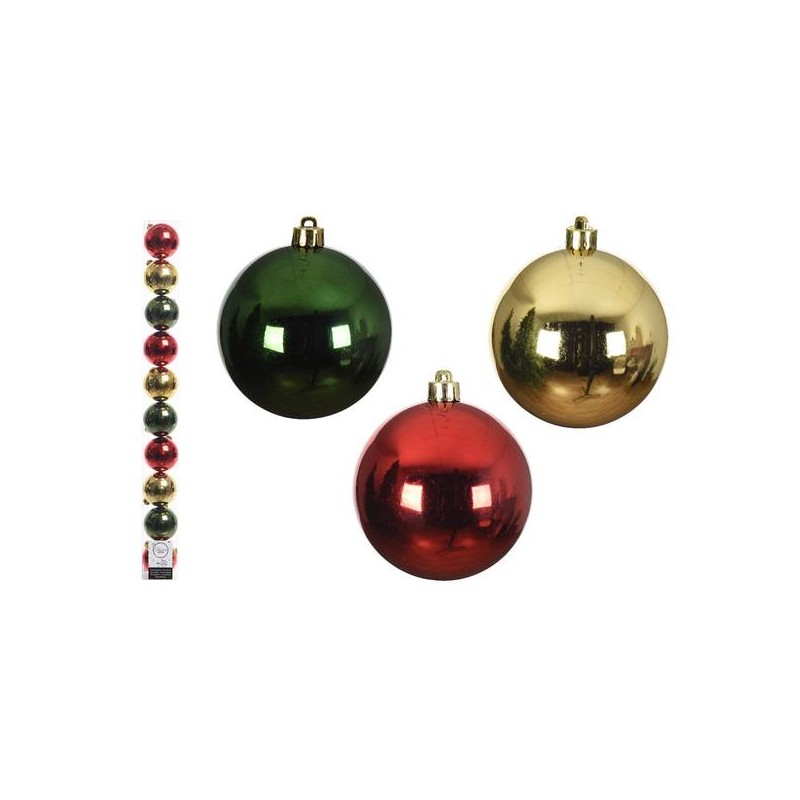 PALLINE INFRANGIBILI ø6cm TUBO MIX VERDE-ORO-ROSSO 10pz