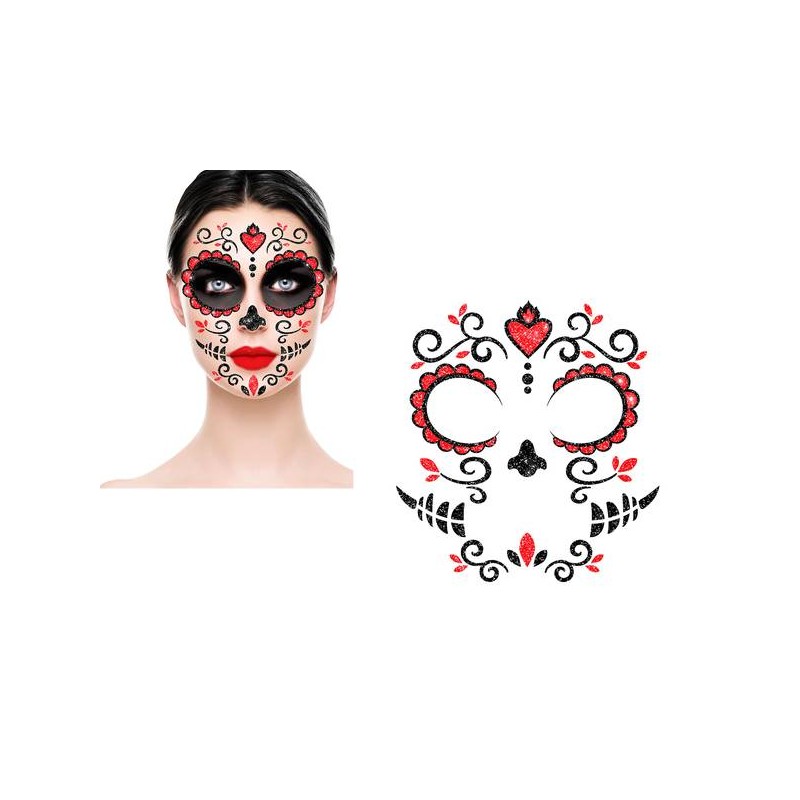 TATUAGGIO VISO CATRINA GLITTER GIORNO DEI MORTI MESSICANO 20x20cm