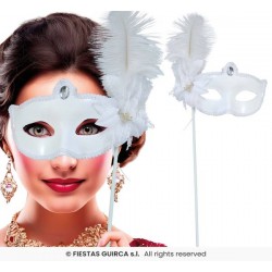 MASCHERA BIANCA CON PIUME E BASTONCINO