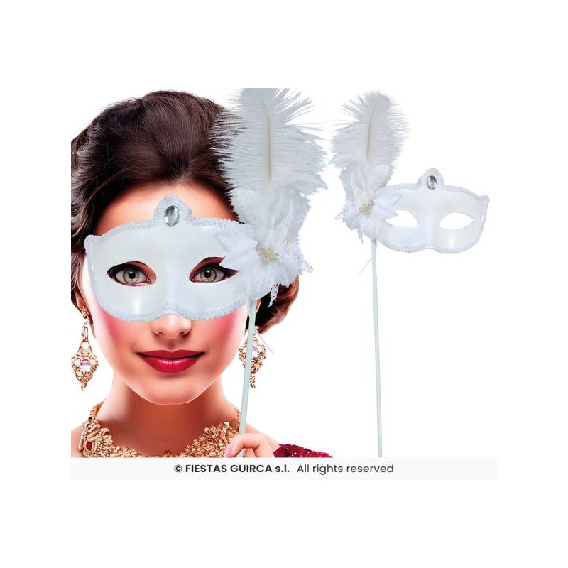 MASCHERA BIANCA CON PIUME E BASTONCINO