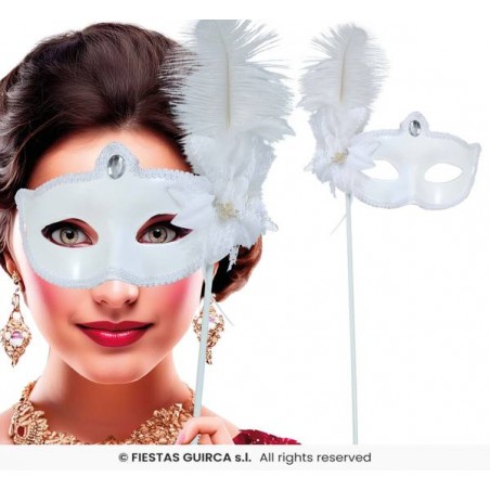 MASCHERA BIANCA CON PIUME E BASTONCINO