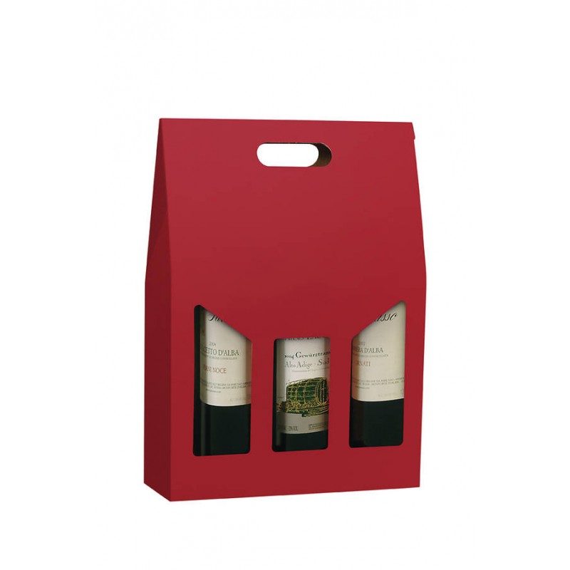 SCATOLA 3 BOTTIGLIE C/MAN.E FIN. 27x9x38cm ROSSO LISCIA