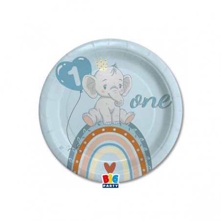 PIATTI CARTA DESSERT ø18cm PRIMO COMPLEANNO BOHO CELESTE 8pz