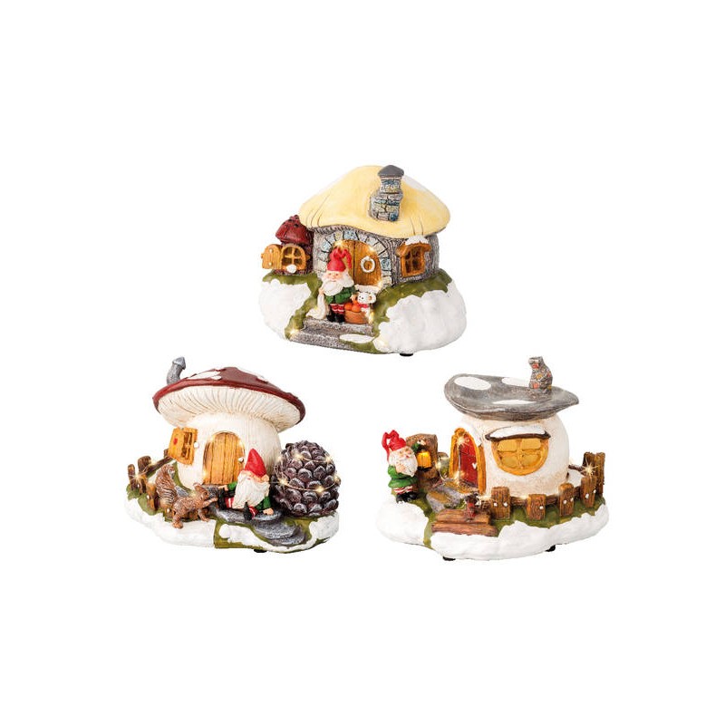 CASA GNOMO C/FUNGO E LED 19x15x13cm 3ass 1pz