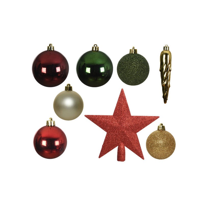 PALLINE E STELLA INFRANGIBILI ø8cm MIX COL. ASS.TI ROSSO-VERDE-ORO 33pz
