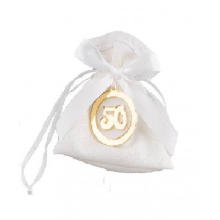 SACCHETTO COTONE BIANCO H.11 C/ APPLICAZIONE 50° PLEXI ORO 12pz