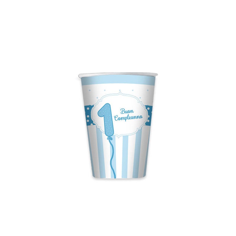BICCHIERI 200cc BUON PRIMO COMPLEANNO CELESTE 8pz