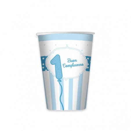 BICCHIERI 200cc BUON PRIMO COMPLEANNO CELESTE 8pz