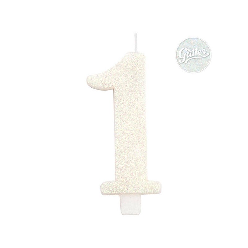 CANDELINA NUMERO 1 GLITTER BIANCA 9,5cm