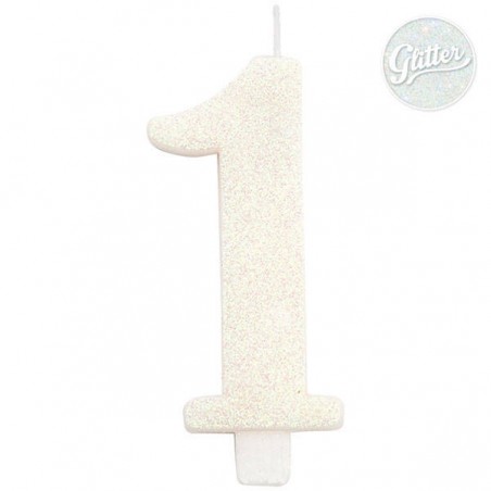 CANDELINA NUMERO 1 GLITTER BIANCA 9,5cm