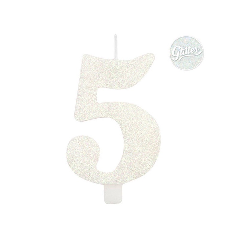 CANDELINA NUMERO 5 GLITTER BIANCA 9,5cm