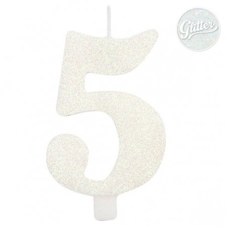 CANDELINA NUMERO 5 GLITTER BIANCA 9,5cm