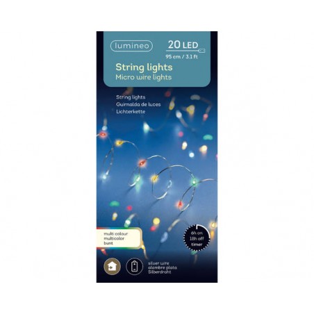 MICRO LED 20 LUCI 95cm FILO ARGENTO LUCE MULTICOLORE INTERNO