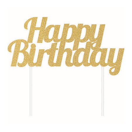 CAKE TOPPER GLITTER HAPPY BIRTHDAY 15x17cm GOLD