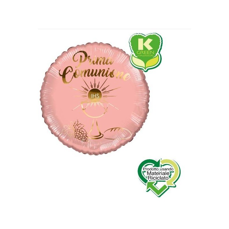 PALLONE MYLAR TONDO PRIMA COMUNIONE ROSA ANTICO GOLD K-GREEN 18 43cm