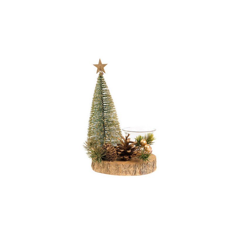 PORTA 1 TEALIGHT CON ALBERO H.21cm BASE LEGNO ORO