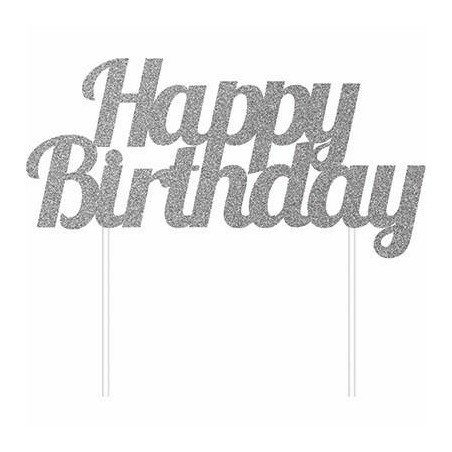 CAKE TOPPER GLITTER HAPPY BIRTHDAY 15x17cm SILVER